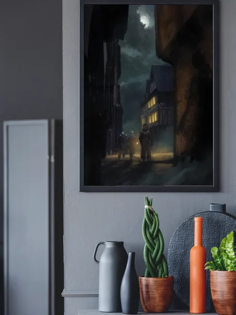Shadows fantasy canvas artwork depicting lantern-lit streets