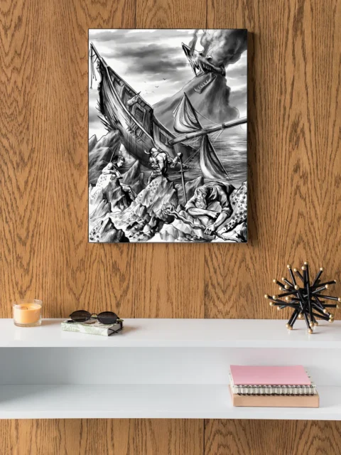 Shipwrecked on Skullcano Island fantasy canvas artwork wreckage