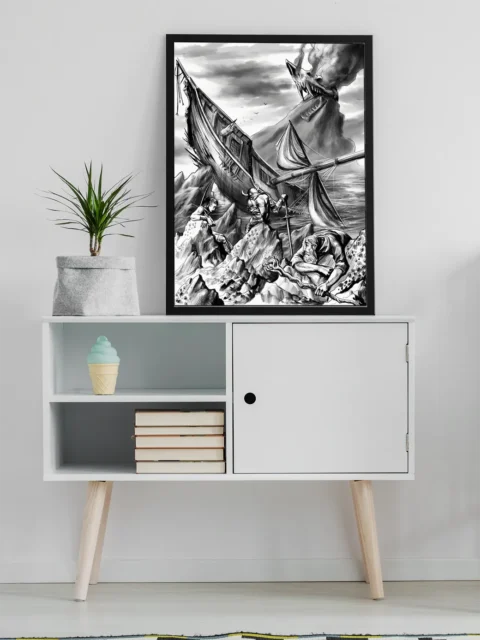 Black and white shipwreck on rocky shore