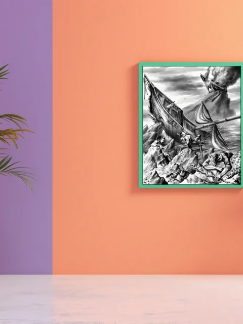 Volcanic island looming over wrecked ship