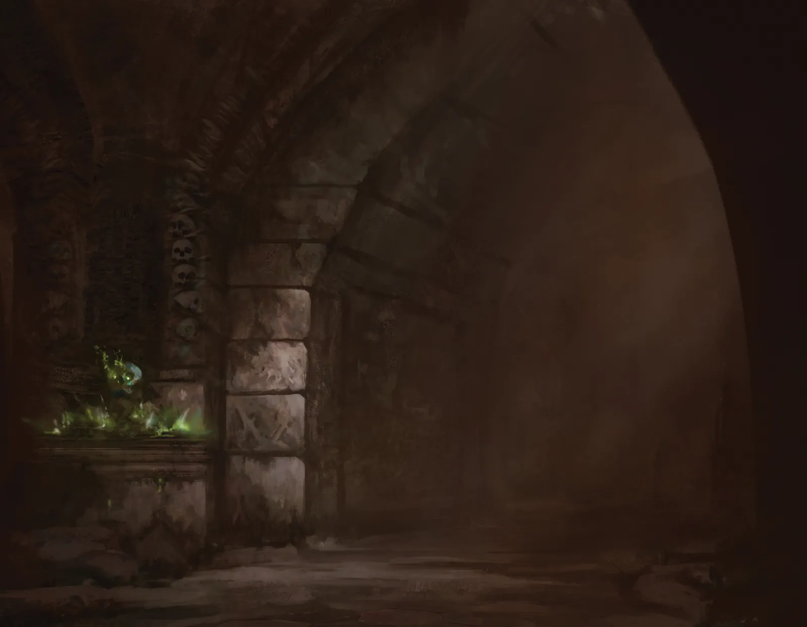 Skeletons fantasy canvas artwork showing a dark stone chamber