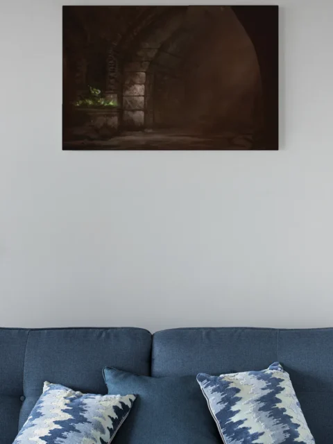 Skeletons fantasy canvas artwork with a glowing altar