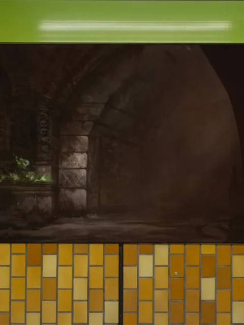 Bone-lined stone archway in shadow