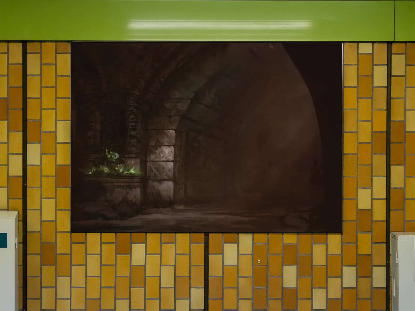 Bone-lined stone archway in shadow