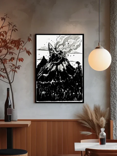 Ink illustration of erupting mountain skull