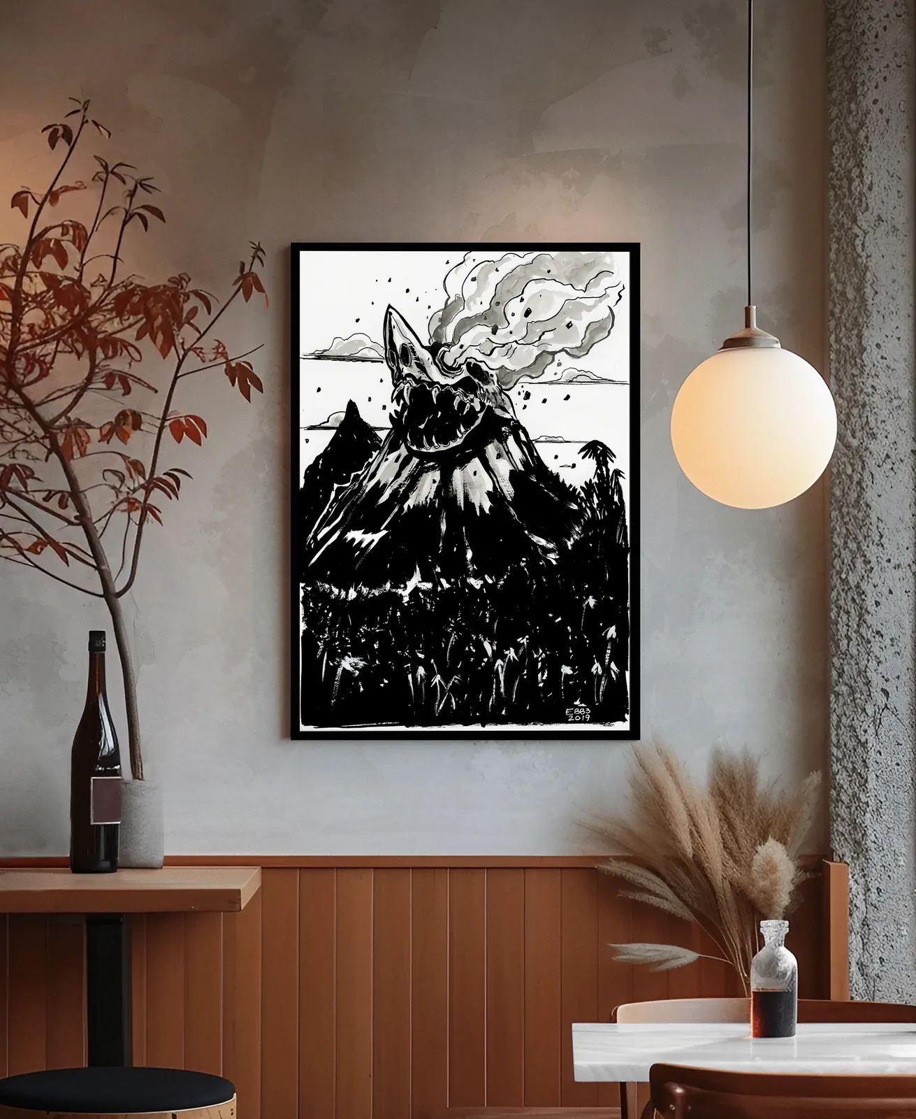 Ink illustration of erupting mountain skull