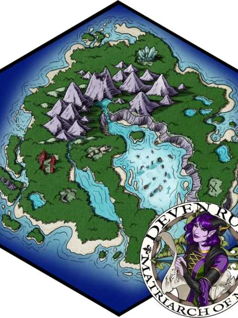 Fantasy island map with mountains and surrounding ocean