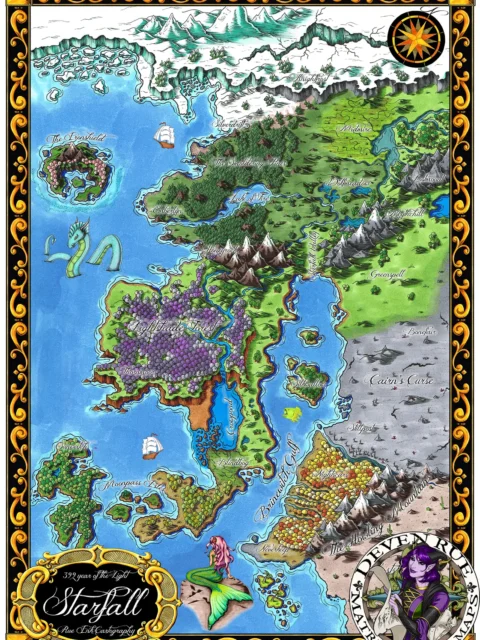 Illustrated fantasy continent with mountains, rivers, and coastlines