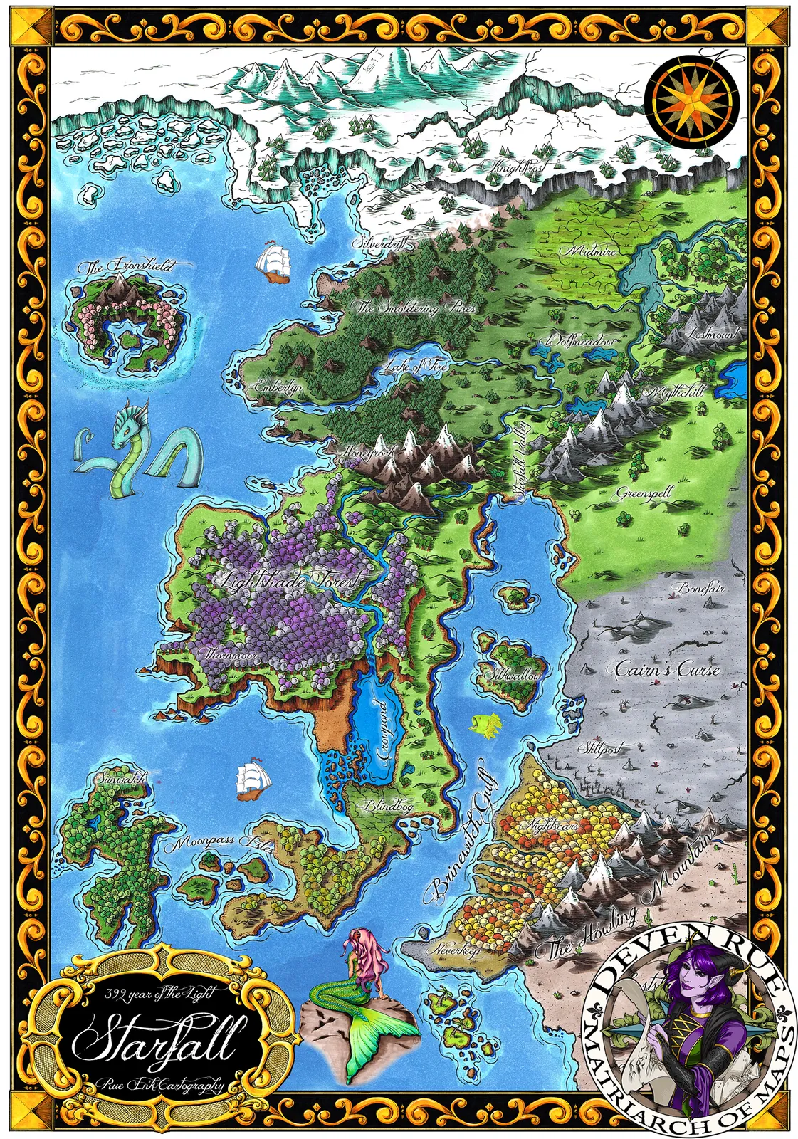 Illustrated fantasy continent with mountains, rivers, and coastlines