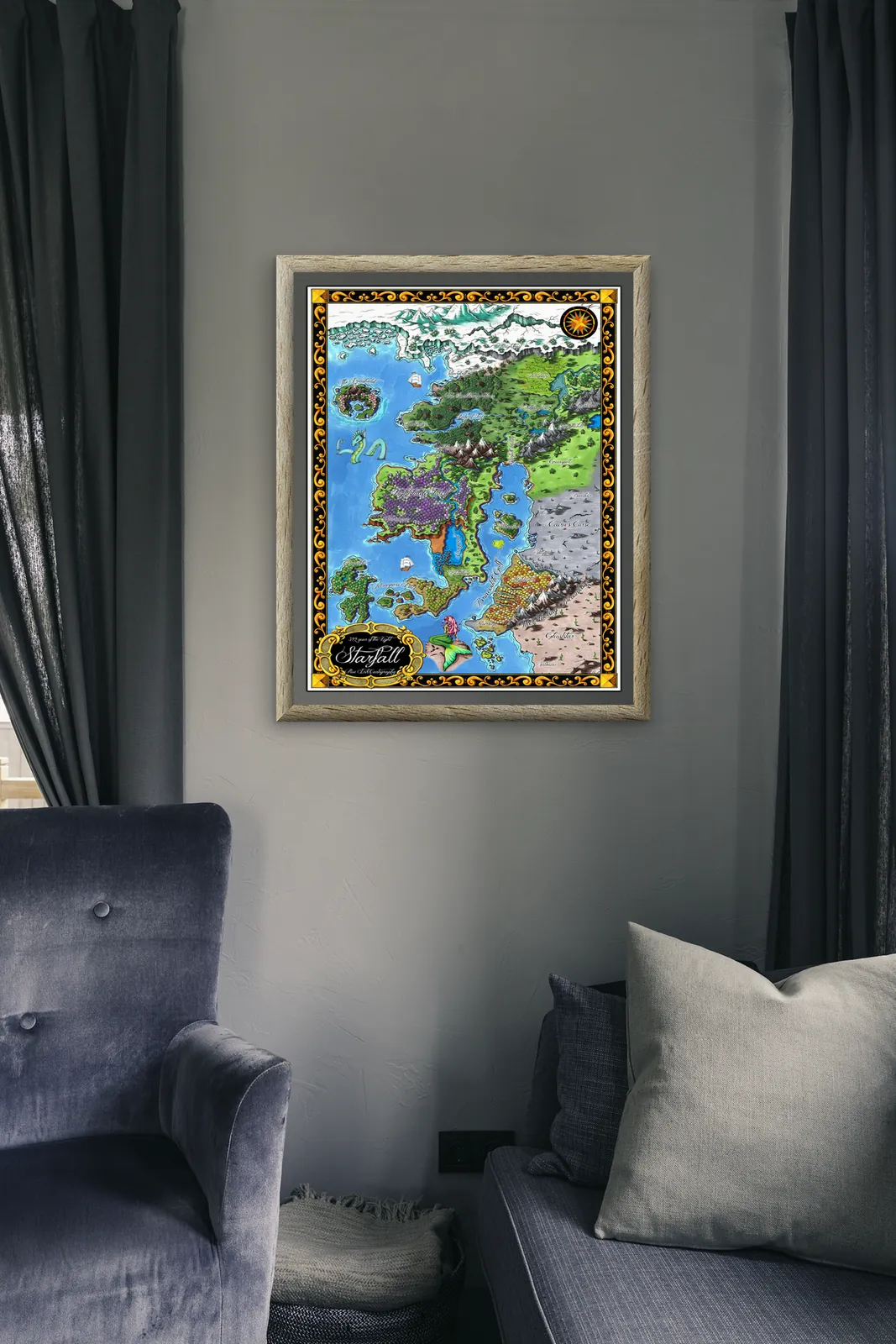 Hand-drawn fantasy terrain featuring seas and inland routes