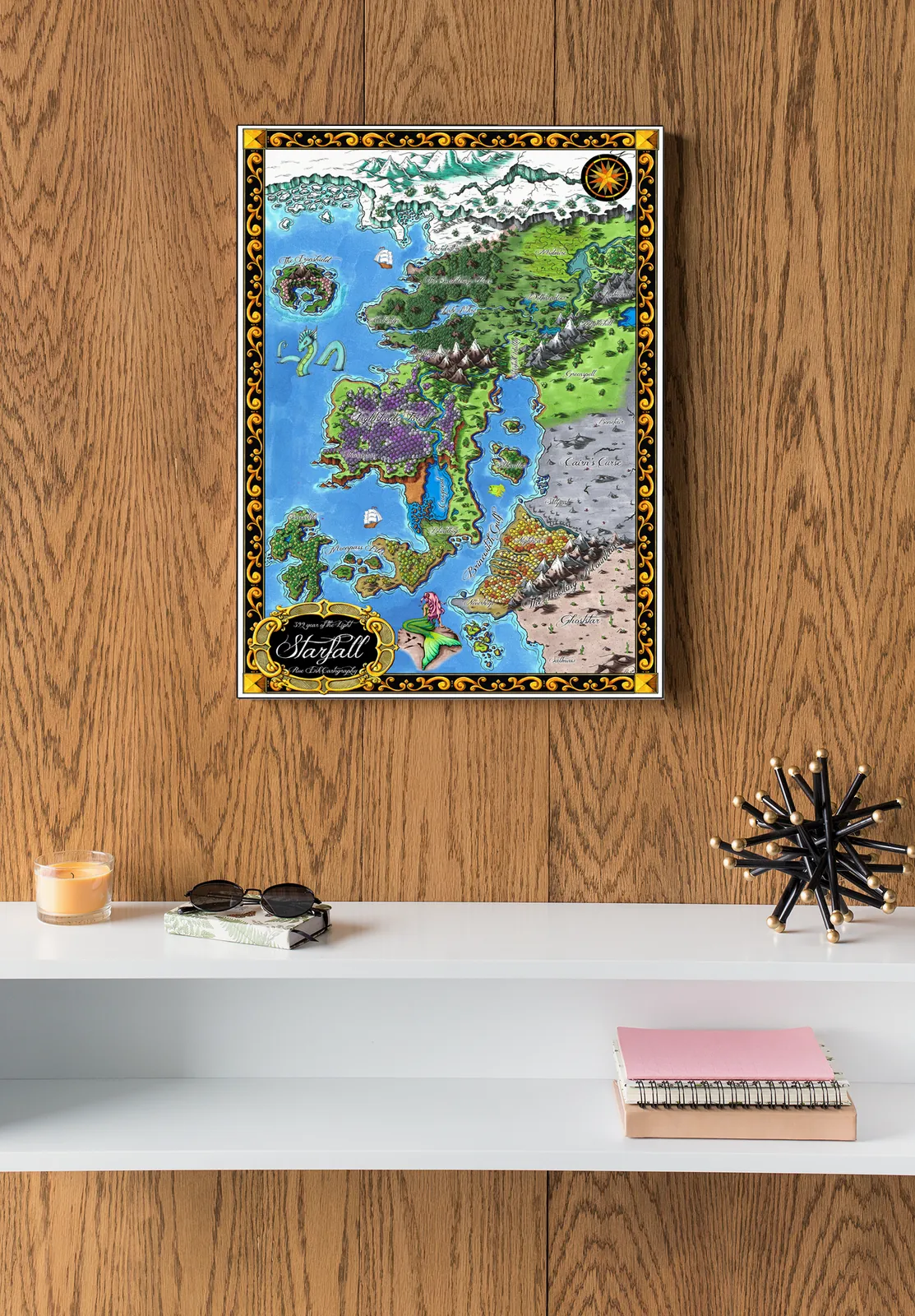 Decorative fantasy map with varied biomes and borders