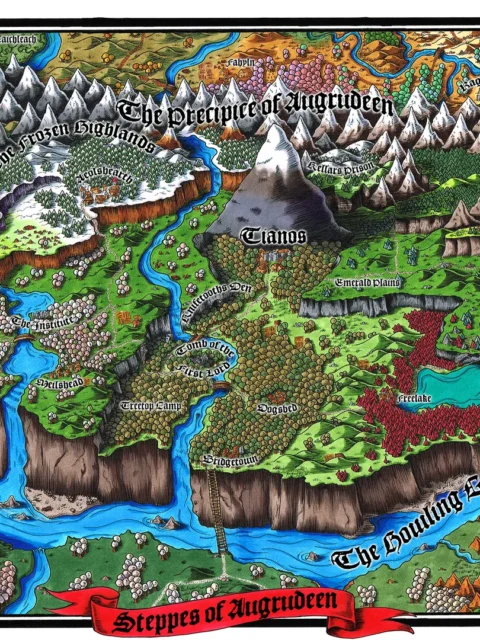 A fantasy map showing mountains, rivers, forests, and deserts