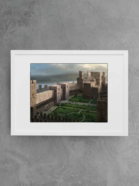 Figures walking through landscaped castle grounds