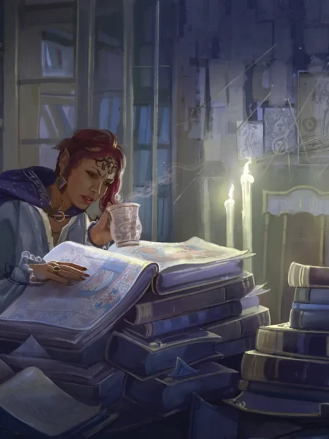 Subtle Secrets fantasy canvas art with candlelit study