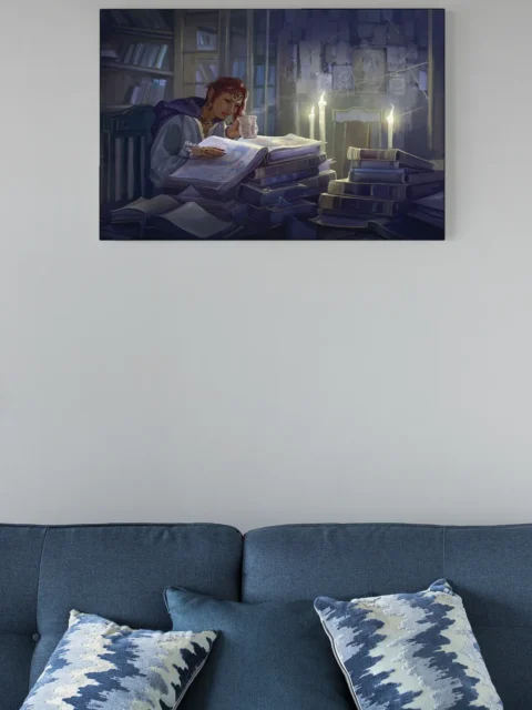 Candle flames illuminating stacks of old books