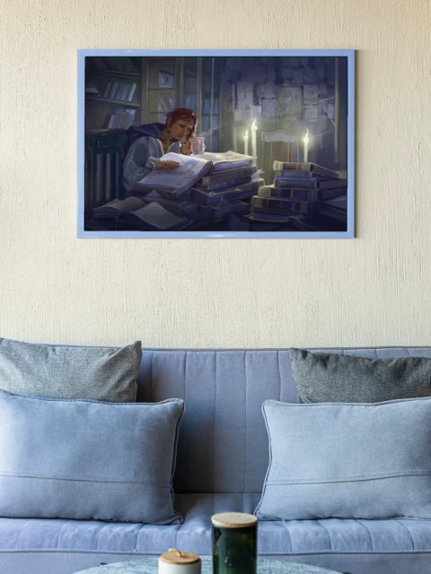 Scholar reading alone among towering volumes