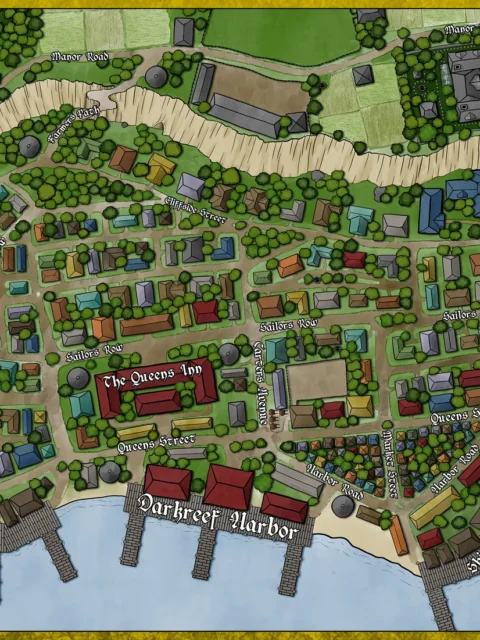 A detailed town map showing streets, buildings, and trees