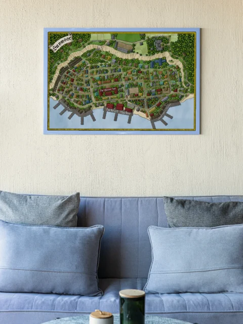 Coastal settlement with docks and harbor structures