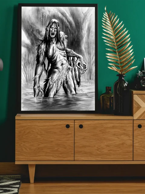 Monochrome illustration of feral swamp being