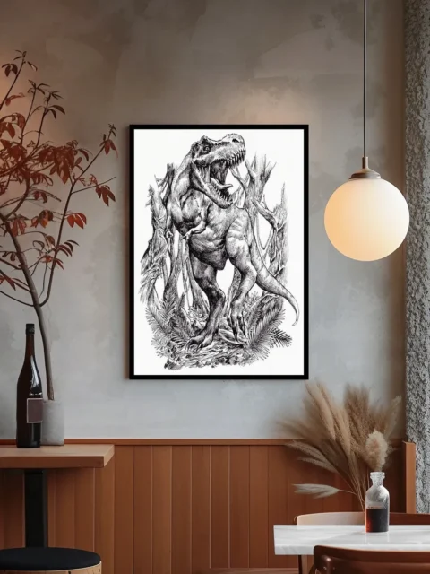 Monochrome drawing of roaring dinosaur