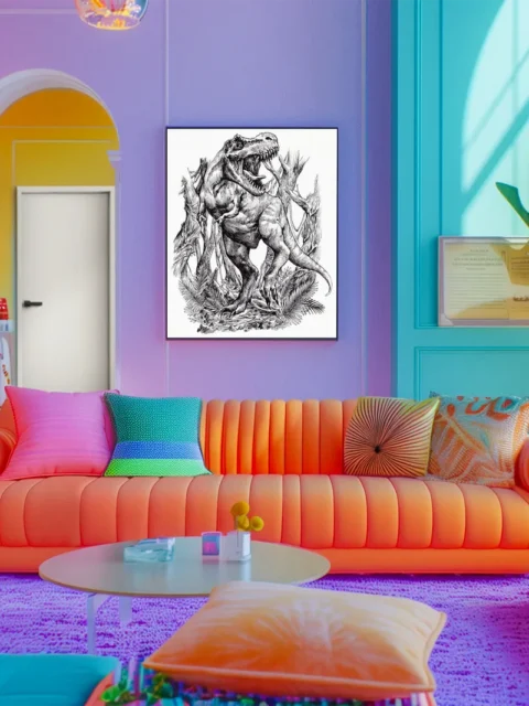 Prehistoric predator emerging from forest