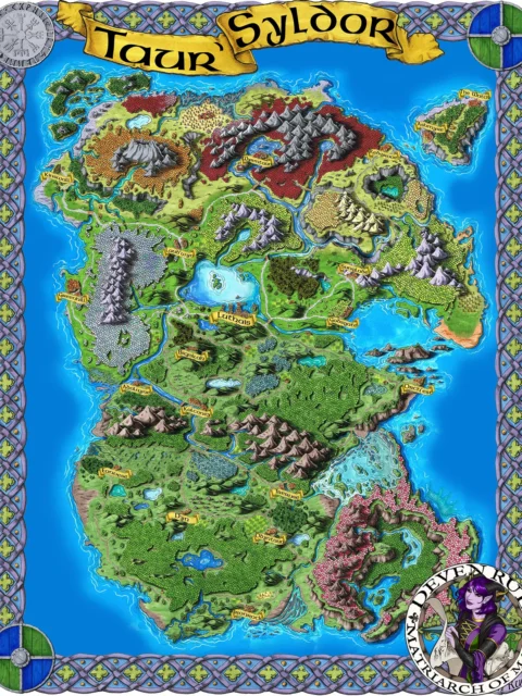 A fantasy continent map showing mountains, rivers, and coastlines