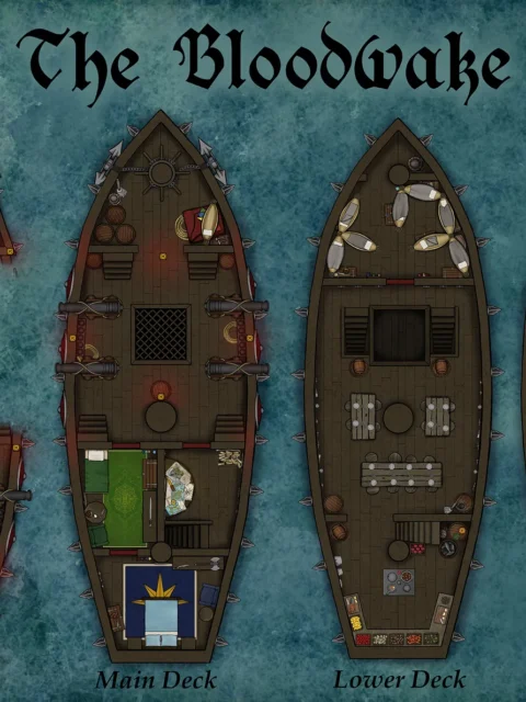 Bloodwake Pirate Ship Map overview with deck layouts