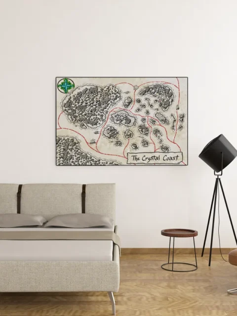 Parchment-style seaways with dotted travel paths