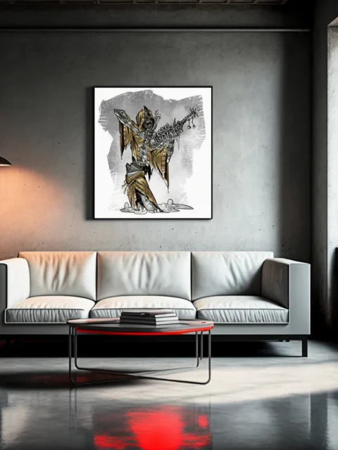 Skeletal musician playing a broken fiddle