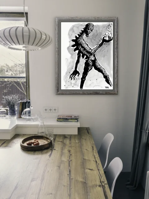 Dark fantasy being holding flame