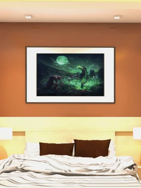 Mounted figures advancing through mist