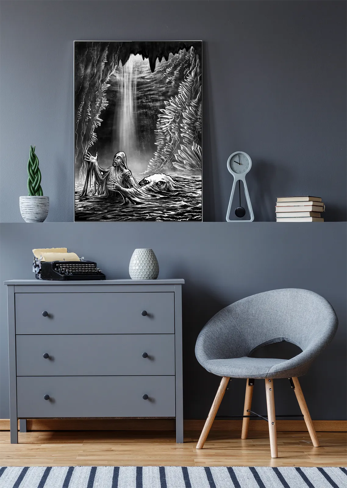 Monochrome illustration of flooded cavern