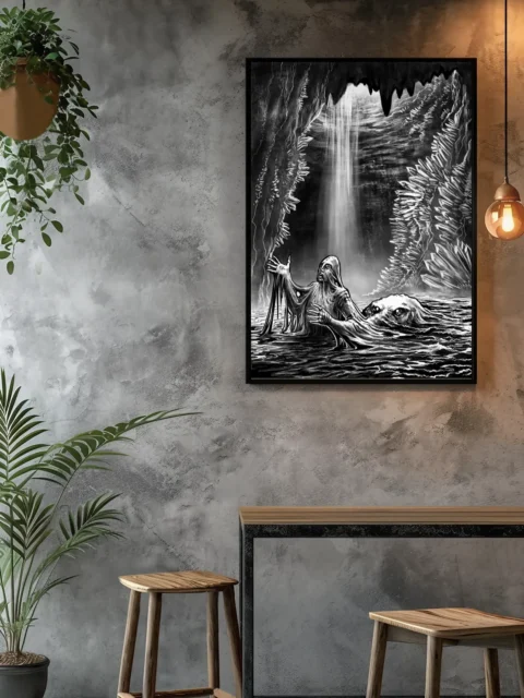 Dark fantasy grotto with falling light