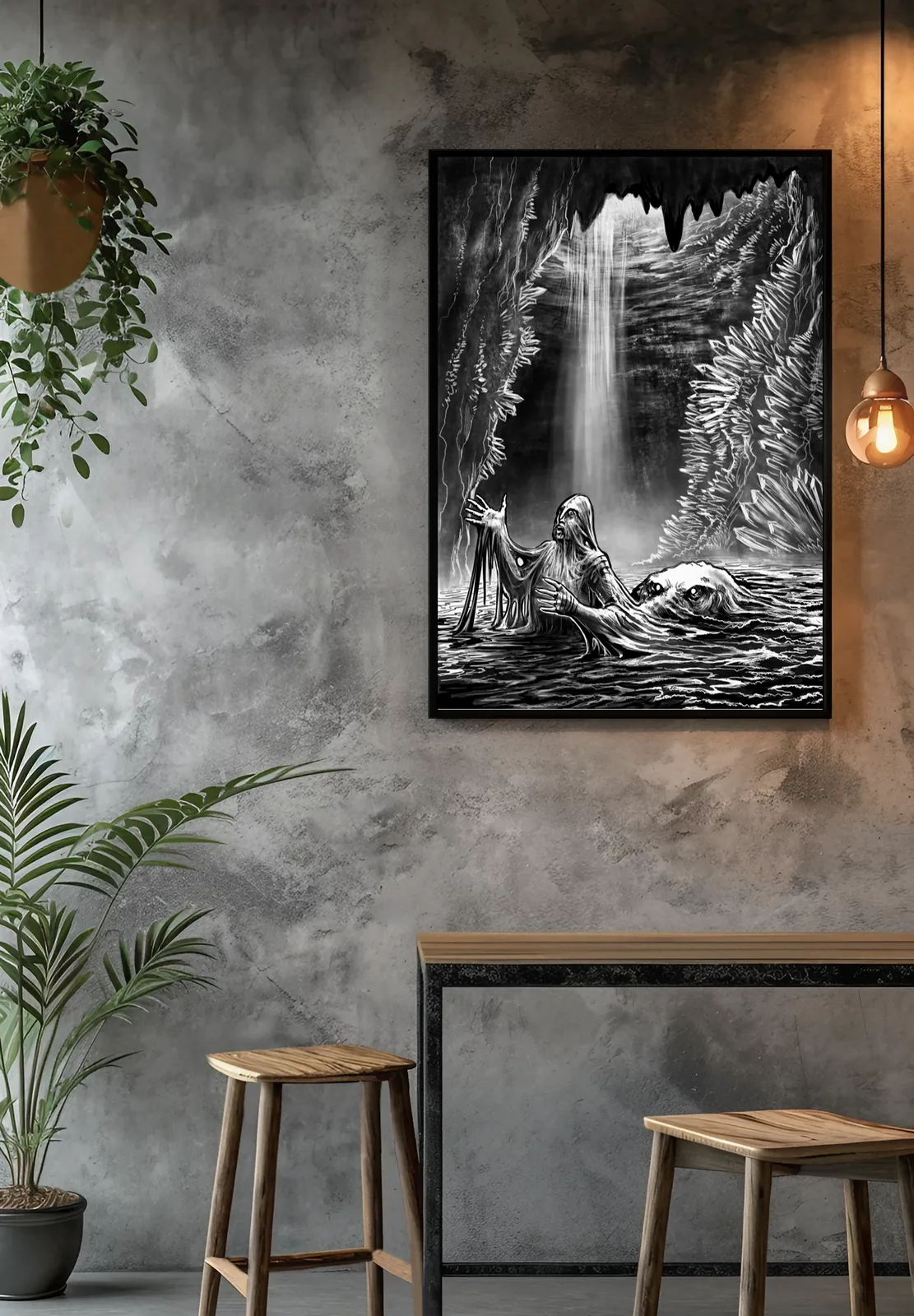 Dark fantasy grotto with falling light