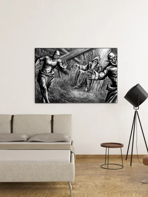 Monochrome illustration of crystal throne battle