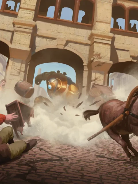 The Market urban fantasy action artwork with mechanical brute