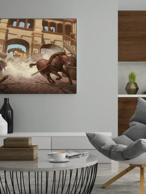 Horse running through dust-filled street