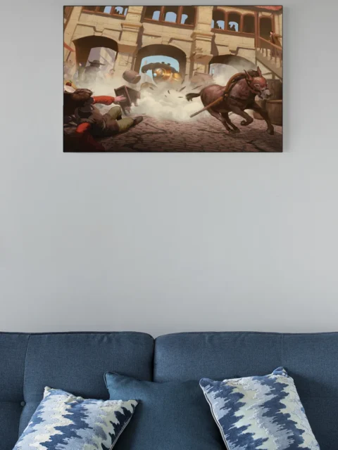 Mechanical construct crashing through stone archway