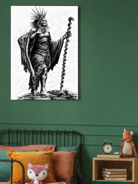 Monochrome illustration of skeletal crowned figure