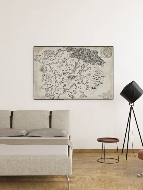 Pentacity States Map canvas wall art with rivers and mountains