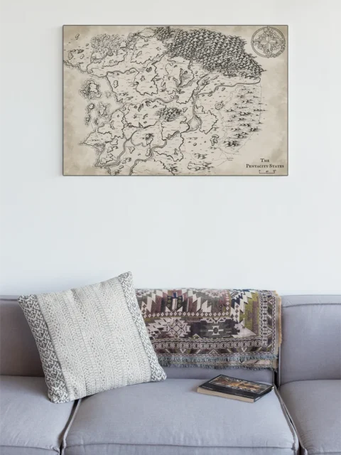 Hand-drawn political regions across a parchment map