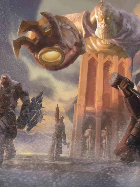 The Pinnacle stone guardian wall artwork with towering figures