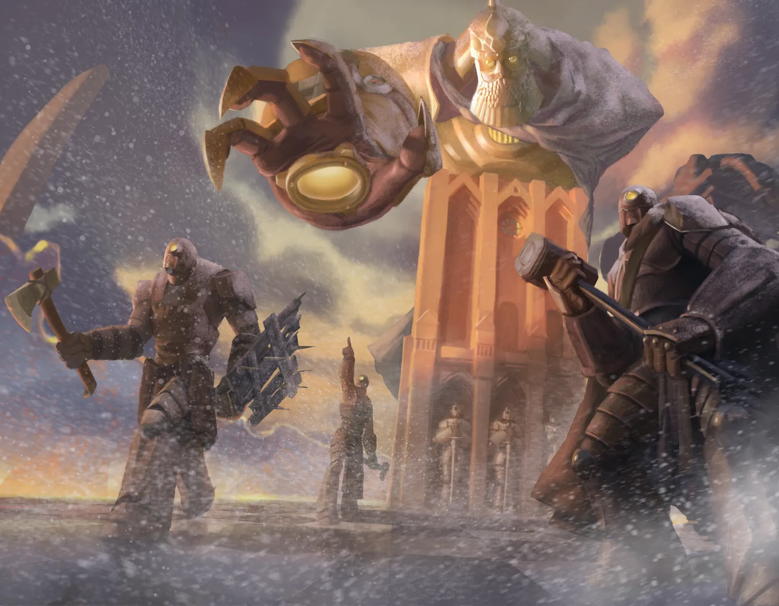 The Pinnacle stone guardian wall artwork with towering figures