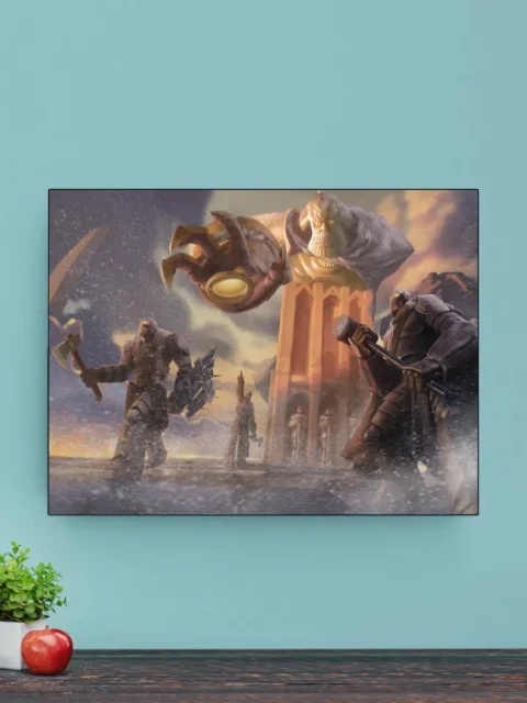 The Pinnacle stone guardian wall artwork in snow and fire