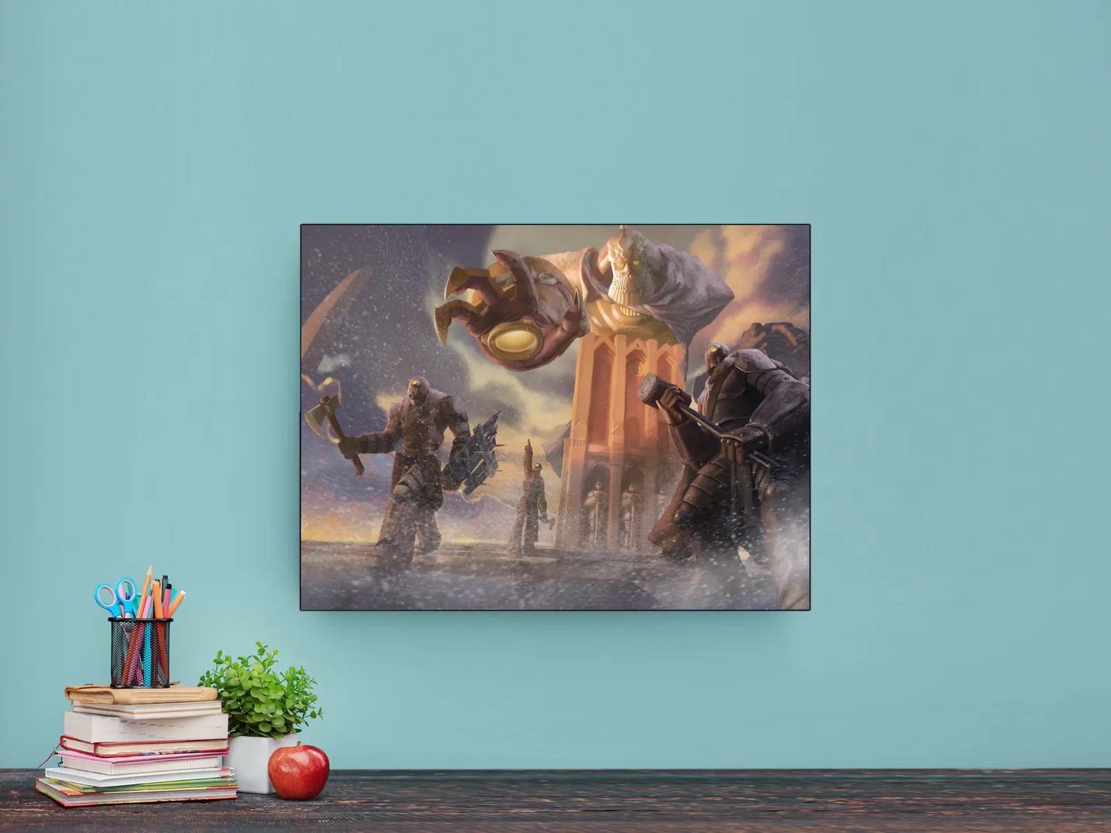 The Pinnacle stone guardian wall artwork in snow and fire