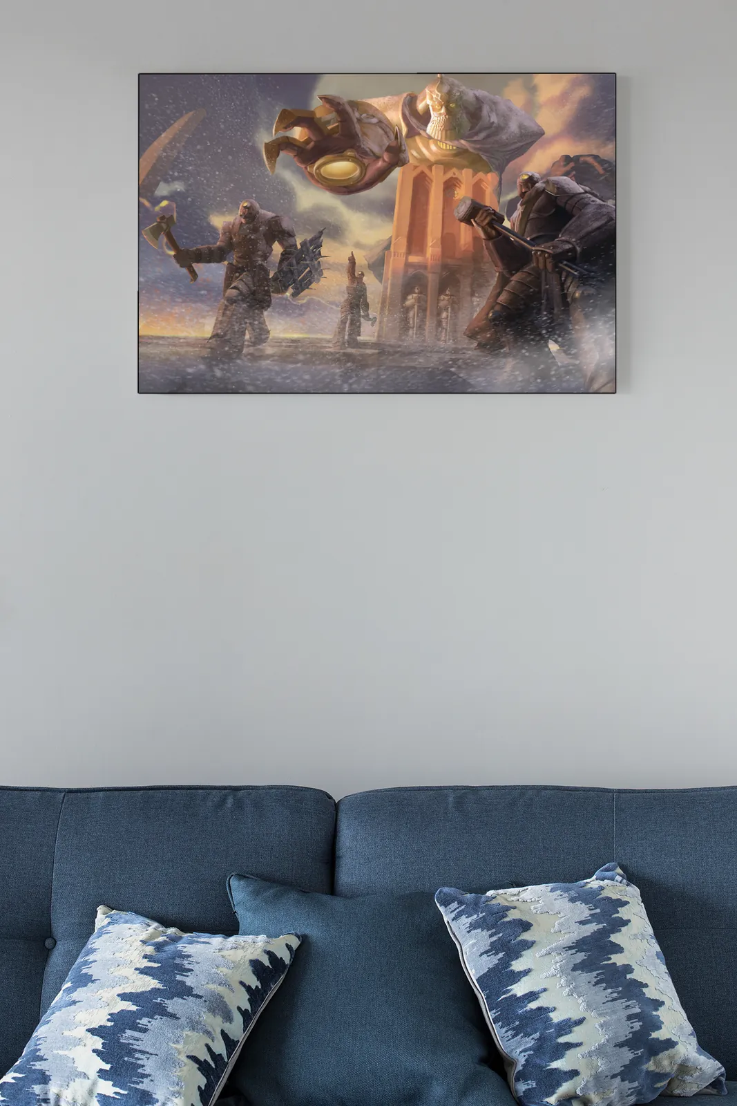 The Pinnacle stone guardian wall artwork before a great tower