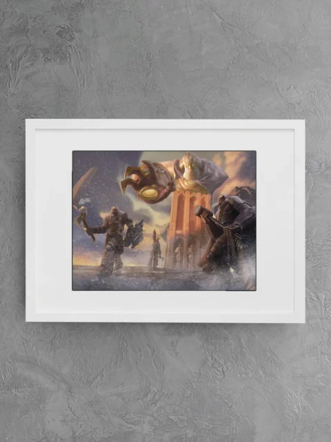 Massive armored figures advancing through snowfall