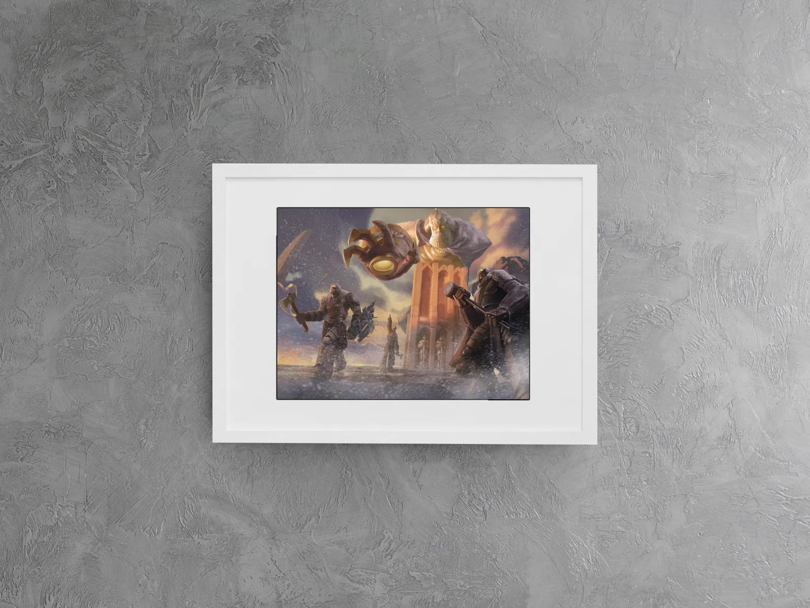 Massive armored figures advancing through snowfall