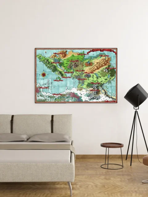 Queen’s Treasure Map canvas wall art depicting varied biomes