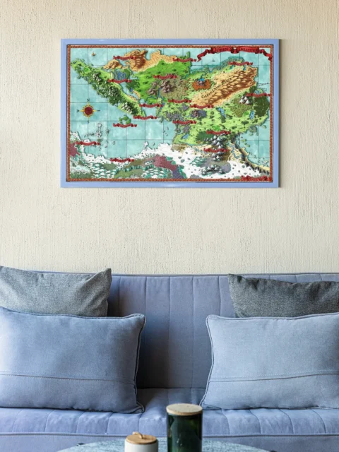 Illustrated fantasy continent with deserts and mountains